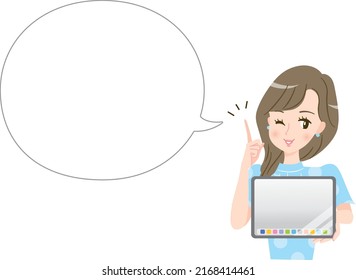 Young woman showing her tablet screen and explaining a speech bubble