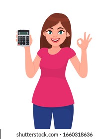 Young woman showing, holding calculator and making okay, OK sign. Trendy girl gesturing cool symbol with hand fingers. Female character design illustration. Modern lifestyle concept in vector cartoon.