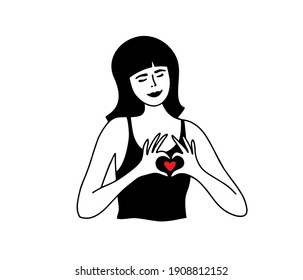 Young woman showing love sign by hands. Female making fingers heart shape. Self care, love gesture, body positive. Cute smiling girl with closed eyes and red heart. Valentines day vector illustration