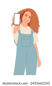 Young woman showing mobile phone screen. Pretty girl holding smartphone with blank screen. Phone mockup. Flat vector cartoon illustration isolated on white background. Hand made, not AI