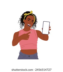 Young woman showing mobile phone screen. African american girl holding smartphone with blank screen. Phone mockup. Flat vector cartoon illustration isolated on white background.