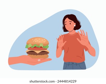 Young woman showing a negative gesture and stop to the fast food. Burger on hand. Vector cartoon flat style illustration