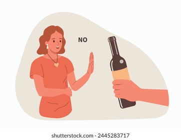 Young woman showing a negative gesture and stop to the alcohol. Bottle on hand. Vector cartoon flat style illustration