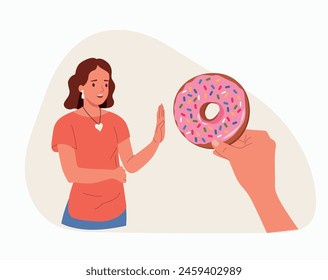 Young woman showing a negative gesture and stop to the sweet. Donut on hand. Vector cartoon flat style illustration