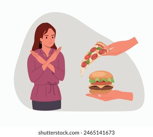 Young woman showing a negative gesture and stop to the fast food. Pizza on hand. Vector cartoon flat style illustration