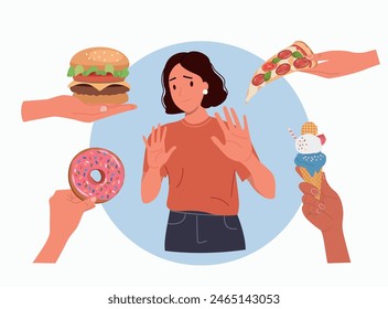 Young woman showing a negative gesture and stop to the fast food. Burger, pizza, donut and ice cream on hands. Vector cartoon flat style illustration