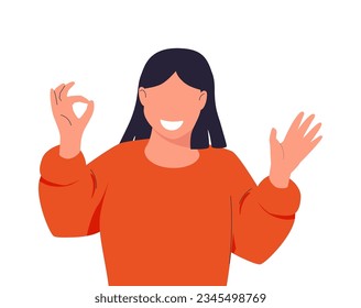 Young woman showing OK sign, smiling and confident. Hand drawn in thin line style, vector illustration. Good, success and ok sign
