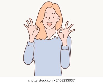 Young woman showing ok sign with her hands. Vector illustration in cartoon style.