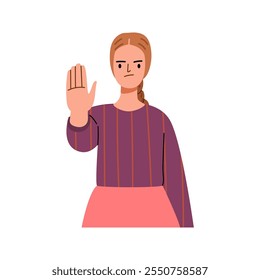 Young woman showing palm as stop sign, stay, hold or rejection hand gesture, flat cartoon character. Emotion and body language concept vector illustration. Protection and reject sign