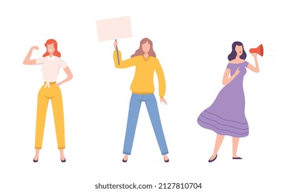 Young Woman Showing Placard Protesting with Banner for Feminine Empowerment Vector Set