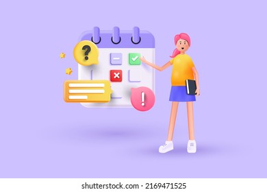 Young woman showing plan schedule, planning day scheduling appointment in calendar application. Business planning ,events, reminder and timetable.3d vector illustration.