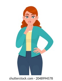 Young woman showing silence gesture with finger on lips. Girl making a quiet symbol with hand. Secret concept. Female character illustration design. Modern lifestyle in vector cartoon style.