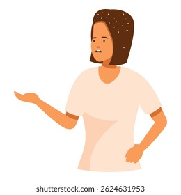 Young woman showing something with empty hand and suffering from dandruff, healthcare and medical concept