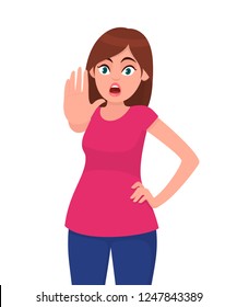 Young woman showing stop gesture 
sign with palm of the hand. Young girl requiring stop with her hand. Prohibition symbol. Emotion and body language concept illustration in vector cartoon flat style.