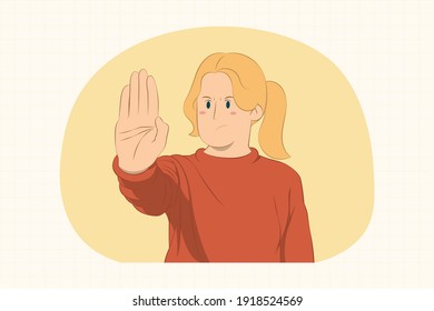 Young woman showing stop gesture with palm concept