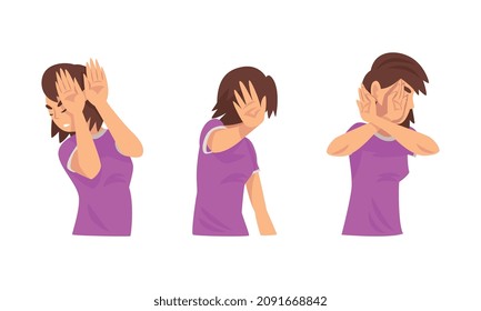 Young Woman Showing Stop Gesture with Her Palm Hand Vector Set