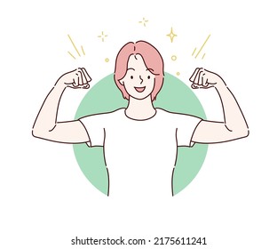 Young woman showing strength gesture with arms, symbol of feminine power. Hand drawn in thin line style, vector illustrations.