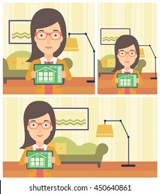 Young woman showing a tablet computer with smart home application on a screen on the background of living room. Vector flat design illustration. Square, horizontal, vertical layouts.