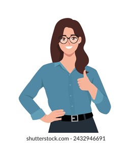 Young woman showing thumb up in approval and one hand on her hip. Flat vector illustration isolated on white background