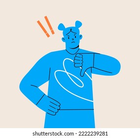 Young woman showing thumbs down sign. Disagree or failure gesture. Colorful vector illustration