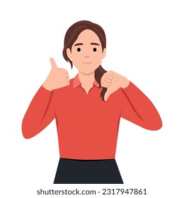 Young woman showing thumbs up and thumbs down, difficult choose. Flat vector illustration isolated on white background