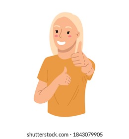 Young woman showing thumbs up,like. Blonde hair,yellow t-shirt. Vector hand drawn illustratrion. Cartoon style,flat design.