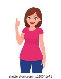 Young woman showing thumps up sign or gesture. Vector illustration in cartoon style. 