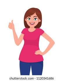 Young woman showing thumps up sign or gesture. Vector illustration in cartoon style. 