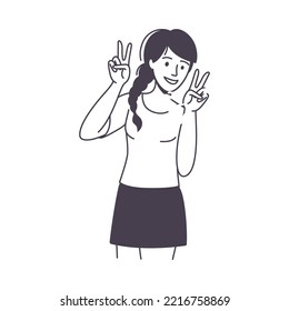 Young Woman Showing V Sign with Hands as Positive Peace Gesture Feeling Happiness and Excitement Vector Illustration