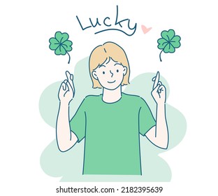 Young woman shown with her finger gesture lucky sign. Hand drawn in thin line style, vector illustrations.