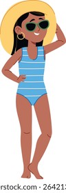 A young woman is shown in a striped swimsuit and a sun hat, with sunglasses.  The pretty girl enjoys the sunny weather in her beach attire. Cartoon vector illustration