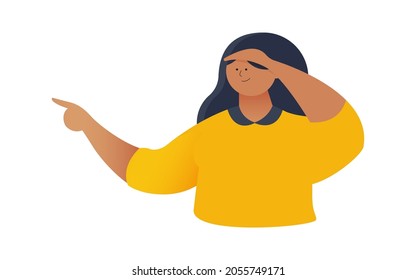 Young Woman Shows Direction, Looks into the Distance. Modern Flat Vector Illustration. Path, Direction Choosing, Decision Making. Social Media. Business Topics. Development, Research, Web Template.