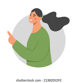 Young woman shows her finger on a white board, poster, banner. Business presentation, sale offer or advertising concept.  Flat vector illustration on white background.