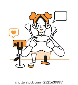 Young woman shows makeup tutorial during live stream. Happy beauty blogger educates online providing tips character illustration on white