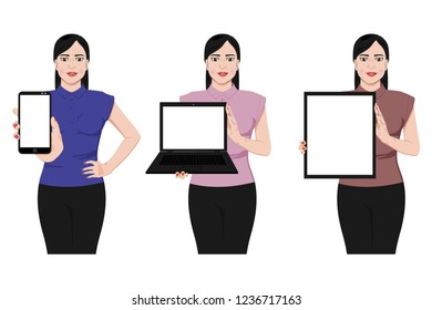 A young woman shows on a gadget with space for text. Frame with a white background in the hands. Office girl at the presentation. Vector illustration.