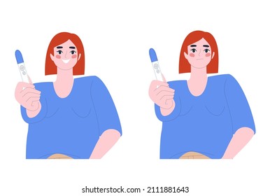 A young woman shows a positive pregnancy test. Emotion of joy, emotion of sadness. Unplanned pregnancy. Flat vector illustration