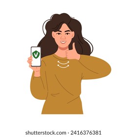 A young woman shows the screen of her mobile phone and gestures showing a class gesture. A green security shield with a check mark on the smartphone screen. The concept of information security  