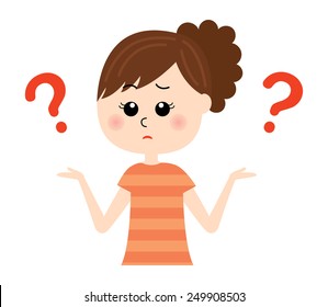 A young woman shrugging with "I don't know" expression on her face, question marks,  vector illustration