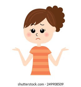 A young woman shrugging with "I don't know" expression on her face, vector illustration