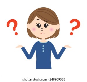 A young woman shrugging with "I don't know" expression on her face, question marks,  vector illustration