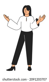 Young woman shruging. Person with wide open arms. Not knowing gesture