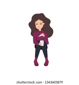 Young woman sick, fever period,  thermometer in hand, sitting, call to doctor, searching symptoms on the Internet