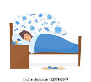 Young woman is sick, has a cold, has a viral infection. Different bacteria, pathogenic microorganisms around her. Bacteria and germs, microorganisms disease-causing. Vector illustration
