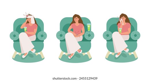 A young woman is sick, suffering from headache, menstrual and toothache. A woman sits in a chair at home with a glass of painkillers in her hand. Feeling unwell, illness, vector illustration