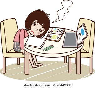 Young woman sighing face down on desk while studying.
