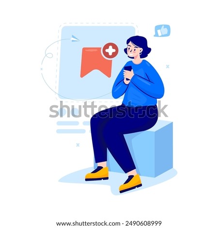 Young woman with sign of add to save for social media concept, Icon bookmark or save to favorite, Vector illustration