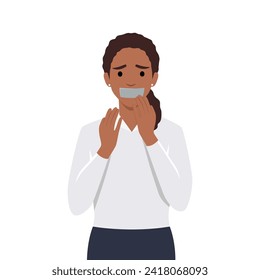 Young woman silenced with mouth covered with grey tape. Flat vector illustration isolated on white background