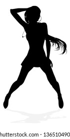 A young woman in silhouette dancing like at a night club or other event