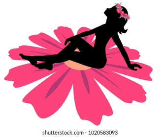 Young woman (silhouette) sitting on a big chamomile