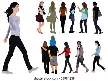 Young woman silhouettes color illustration. Summer clothes.